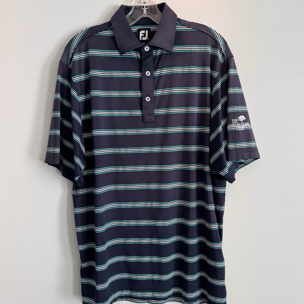 FootJoy FJ Golf Polo Shirt Mens Medium Striped Amelia Island Club Navy Men's